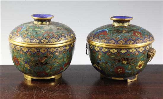 A pair of Chinese cloisonné enamel bowls and covers, first half 19th century, diameter 13.5cm, some losses